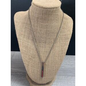 Modere Silver Tone Vertical Bar Pendant Necklace Red Logo Box Chain 16 Inch
